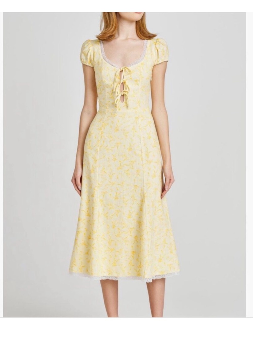 Wayf Cara Pale Yellow Floral Tie-Front Cap-Sleeve Midi Dress